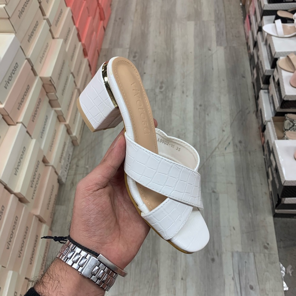 Square Toe Mule Low Block Heel Sandal in White Croc Embossed Faux Leather